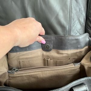 Frye leather tote- grey with matching card holder/zippered coin wallet.